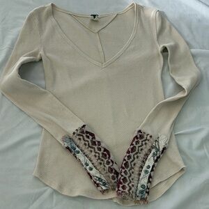 We The Free V-Neck Thermal Long Sleeve Top with Patterned Cuffs Free People